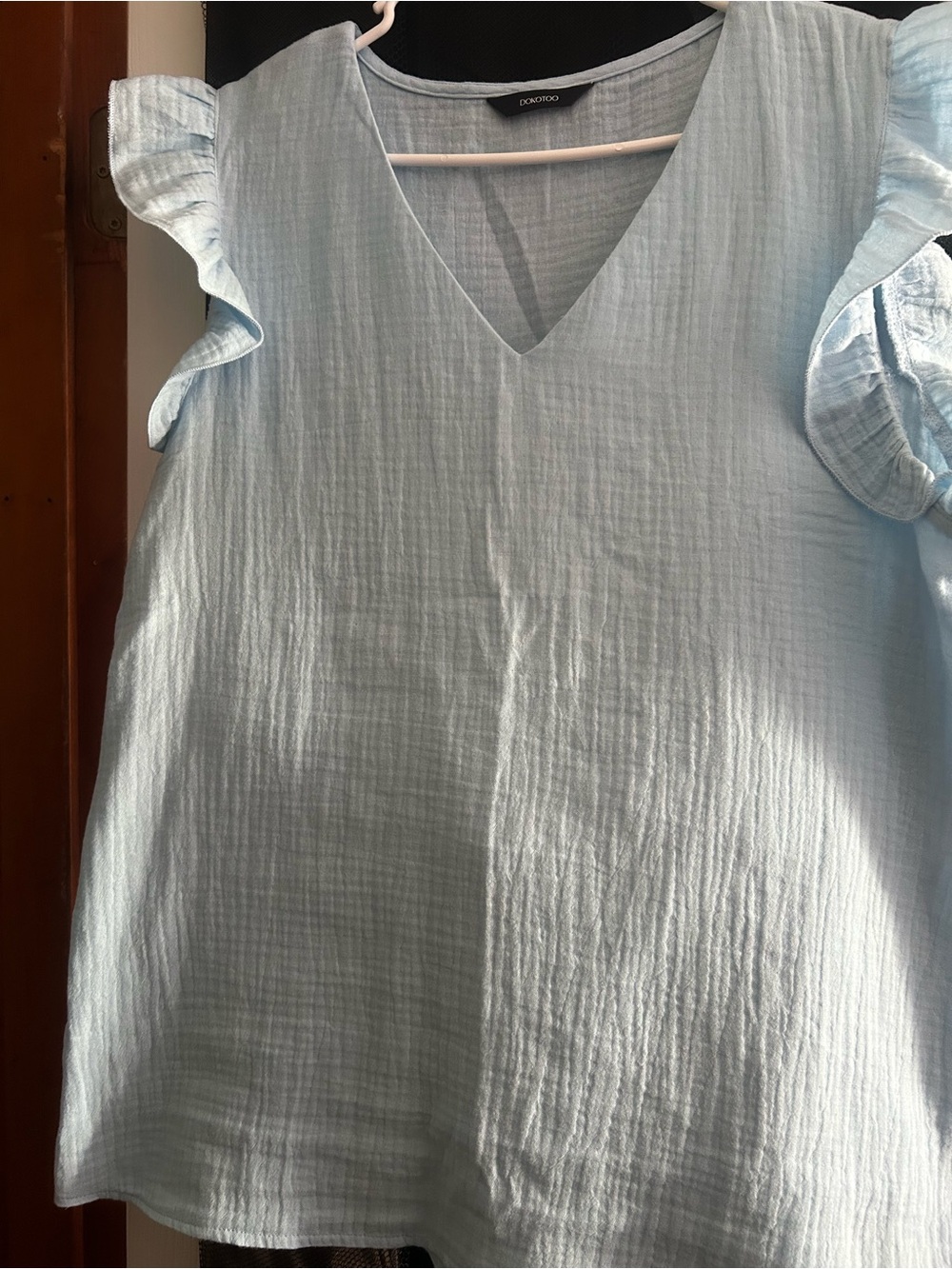 Women’s Light Blue V-Neck Ruffle Sleeve Blouse